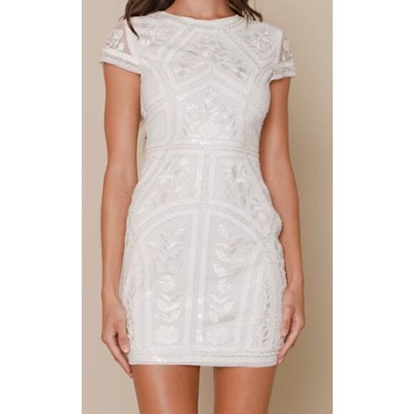 spread your shine white sequin embroidered bodycon dress LULU'S SZ M Spread Your Shine White Sequin Embroidered Bodycon Dress NEW  B151
